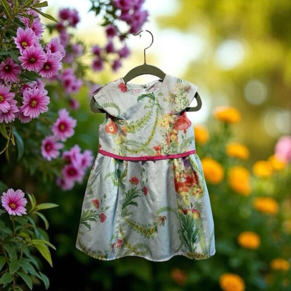 Ted Baker Toddler Girls Floral Cap Sleeve Dress Blue Size 2T Light Green Lined - Picture 1 of 10